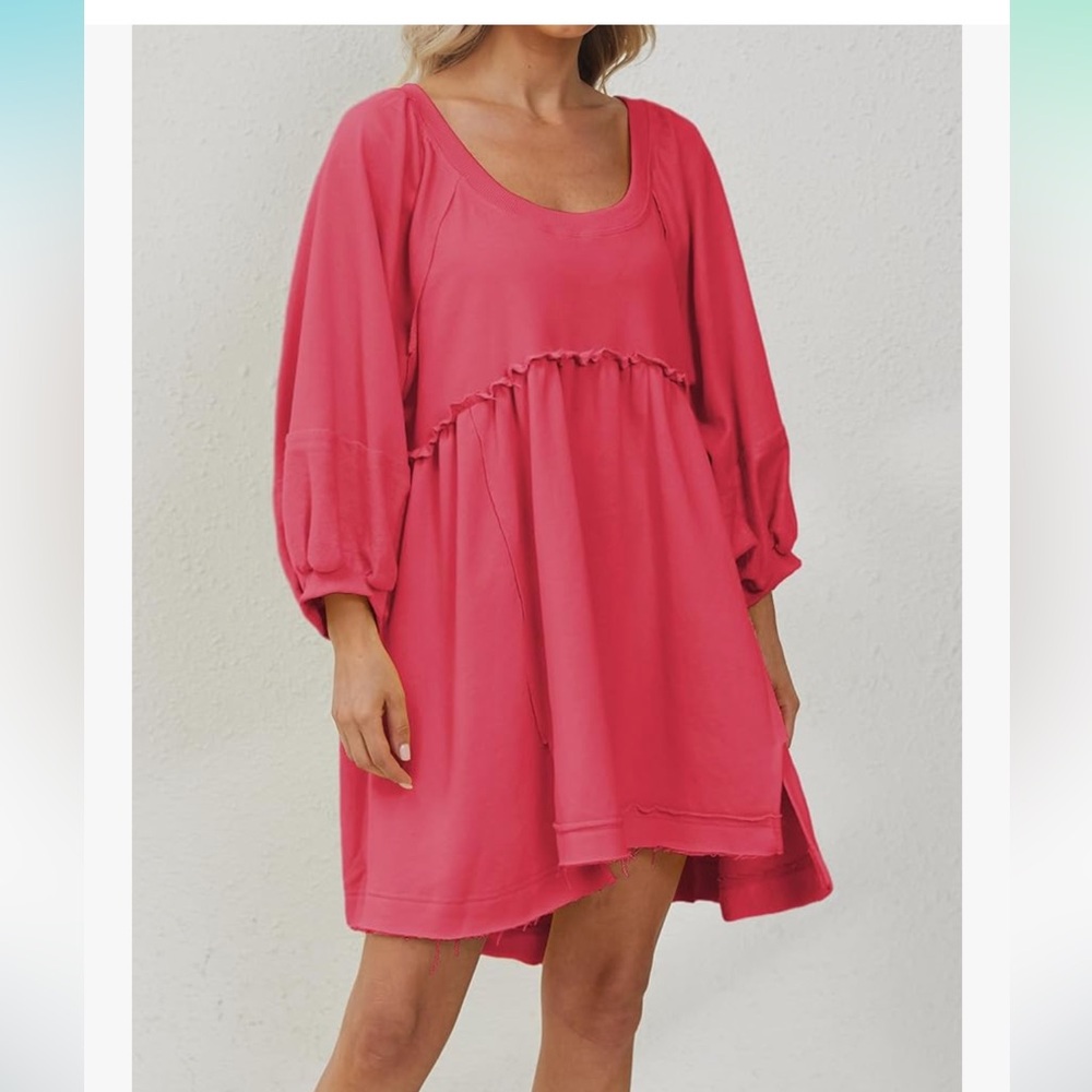 Oversized Sweatshirt Dress Lantern Sleeve Scoop Neck High Low Hem Flowy Babydoll